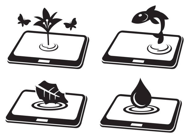 Natural Symbol on Tablet Computer Conceptual Vector Icon Set Symbols of nature elements coming to life from the touch screen of digital tablet computer. Set of four black and white conceptual vector icon illustration isolated on white background. coming out of computer screen stock illustrations