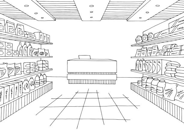 lebensmittelgeschäft shop innen schwarz weiß grafik skizze illustration vektor - supermarket stock-grafiken, -clipart, -cartoons und -symbole
