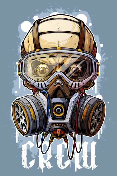 Detailed colorful human skull with gas mask Detailed graphic cool realistic colorful human skull with protective gas mask and crazy eyes. Isolated on blue grunge background. Vector icon. gas mask stock illustrations