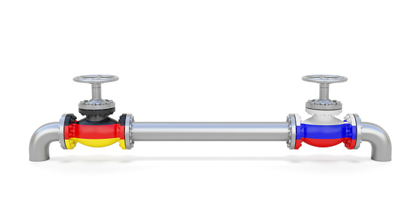 Pipe line and valves (faucets) with national flags of Russia and Germany. Transportation or delivery of natural gas or petroleum on pipeline between supplier and importer. 3d rendering