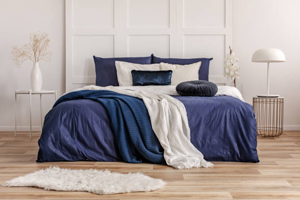 istock Velvet round pillow on king size bed with blue and white sheets 1146501559