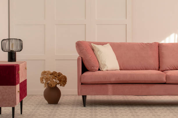 istock Flowers in earthenware vase next to pastel pink couch with white pillow 1146503137