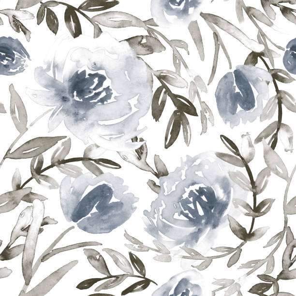 istock Loose watercolor flowers in blue and grey. Seamless hand-painted pattern. 1146503224