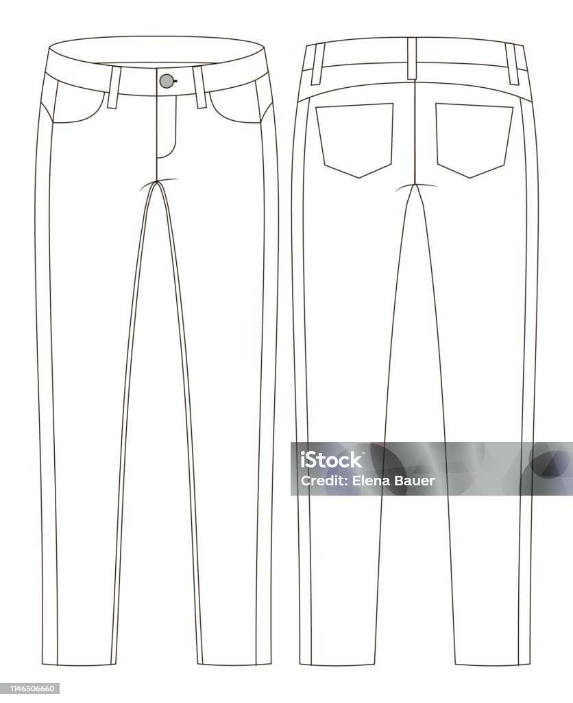 Fashion technical sketch of jeans in vector graphic Vector illustration of trousers. Front and back views of denim jeans. Casual Clothing stock vector