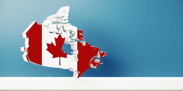 Intricate embroidered map of Canada. Colorful threads highlight the boundaries country and the word Canada on a fabric background.
