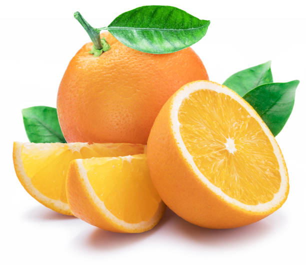 istock Orange fruit with orange slices and leaves on white background. 1146514070