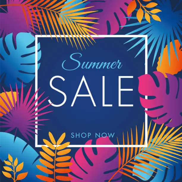 Vector illustration of Summer tropical sale banner with palm leaves and exotic plants.