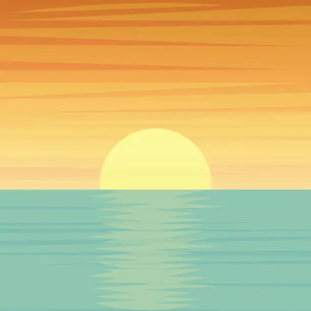 Vector illustration of Sunset or sunrise over the sea or ocean