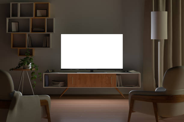 Tv mockup in living room at night. Tv screen, tv cabinet, chairs, bookshelf Tv mockup in living room at night. Tv screen, tv cabinet, chairs, bookshelf. 3d illustration tv stock pictures, royalty-free photos & images