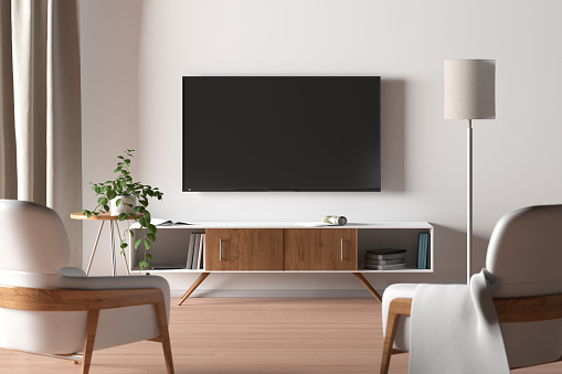 TV screen on the white wall in modern living room. 3d illustration