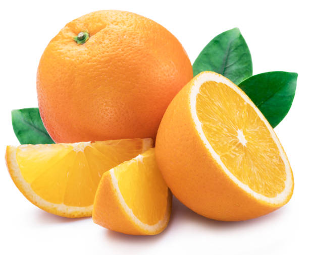 istock Orange fruit with orange slices and leaves on white background. 1146518782