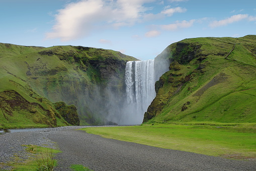 Picturesque view of the Skogafoss waterfall, Iceland