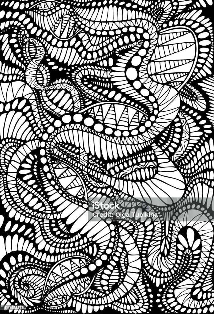 Coloring page abstract pattern, maze line of ornaments. Psychedelic stylish card. Vector hand drawn illustration Antistress tribal background. Black and white decorative texture. Abstract stock vector