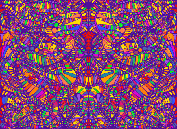 ilustrações de stock, clip art, desenhos animados e ícones de vibrant psychedelic creative colorful symmetrical kaleidoscope background. decorative surreal abstract pattern with maze of ornament shamanic fantasy texture. vector illustration. - fractal pattern mandala art