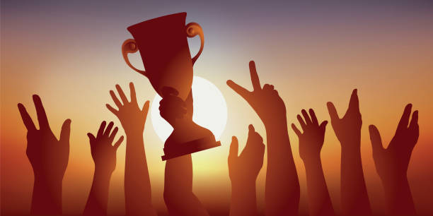 高レベルのスポーツマンは、彼らの勝者のカップを上げ、勝利の印として、彼らの腕を持ち上げます。 - silhouette trophy sport success点のイラスト素材／クリップアート素材／マンガ素材／アイコン素材