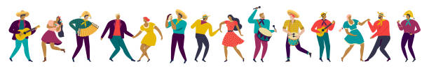 フェスタ・ junina は、伝統的な洋服のミュージシャンやダンサーのキャラクターたちによるブラジルのパーティーを行います。 - latin american and hispanic ethnicity illustrations点のイラスト素材／クリップアート素材／マンガ素材／アイコン素材