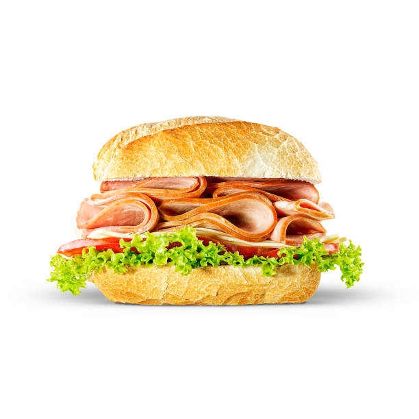 Handmade mortadella sandwich on wood background with spices stock photo