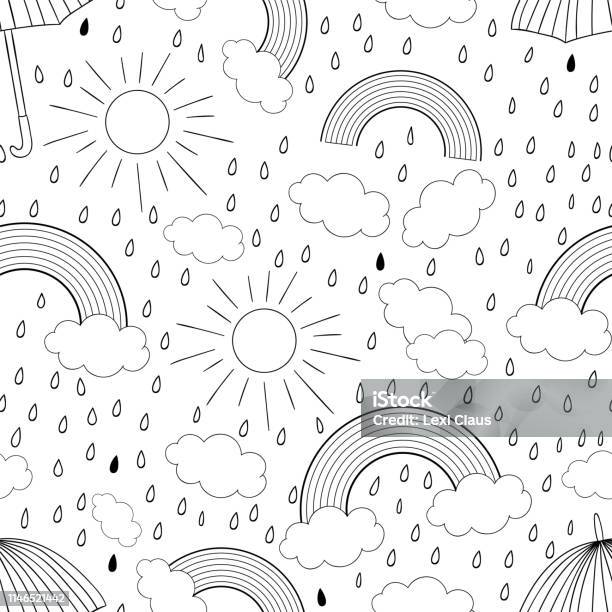 Vector Black And White Seamless Pattern With Rainbow Rain Rainbow Sun C Louds Umbrella Weather Themed Repeating Background Line Drawing Stock Illustration - Download Image Now