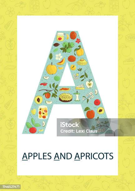 Colorful Alphabet Letter A Phonics Flashcard Cute Letter A For Teaching Reading With Cartoon Style Apples And Apricots Stock Illustration - Download Image Now