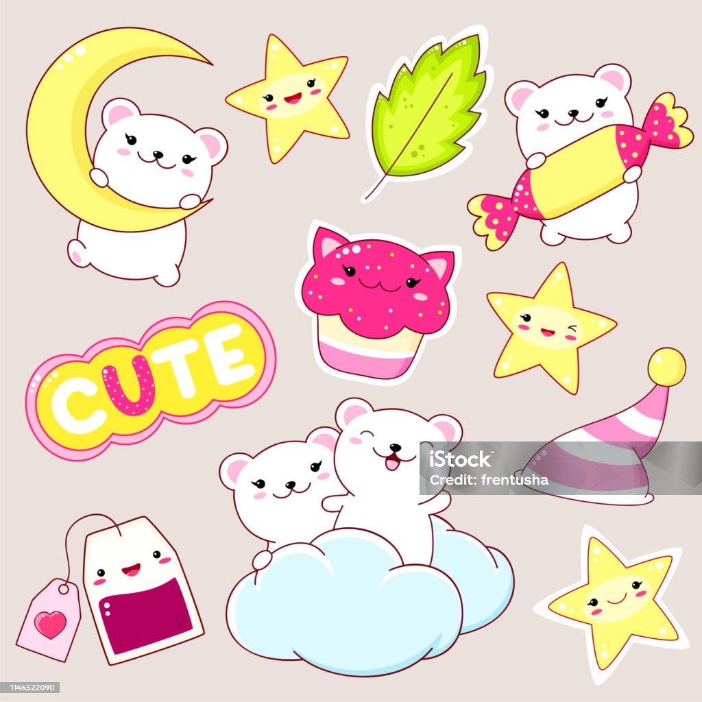 Set Of Cute Polar Bears Stickers In Kawaii Style Stock Illustration -  Download Image Now - Animal, Candy, Candy Heart - iStock