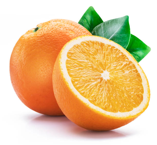 istock Orange fruit with orange slices and leaves on white background. 1146522389
