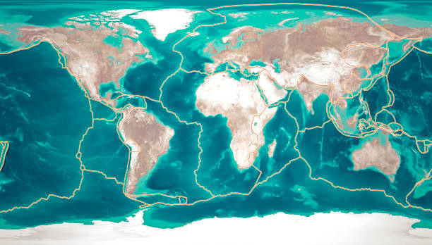 as placas tectónicas movem-se constantemente, fazendo novas áreas de piso oceânico, construindo montanhas, causando terremotos e criando vulcões. rendição 3d. mapa - pacific ocean - fotografias e filmes do acervo