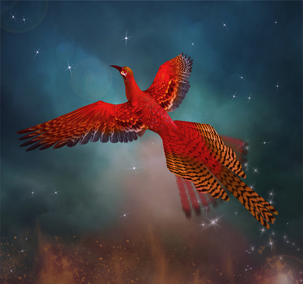Legendary phoenix fliying through the blue sky - 3D illustration