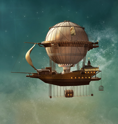 Hot air balloon in a steampunk style taking a boat across the sky - 3D illustration