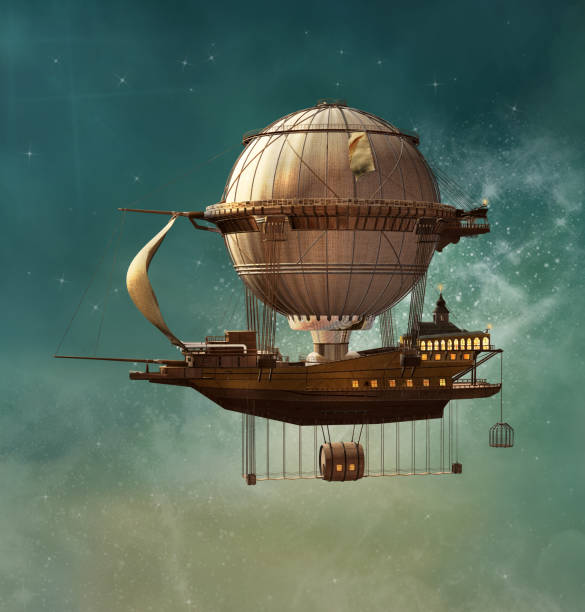 Magic steampunk airship Hot air balloon in a steampunk style taking a boat across the sky - 3D illustration surreal fantasy stock pictures, royalty-free photos & images