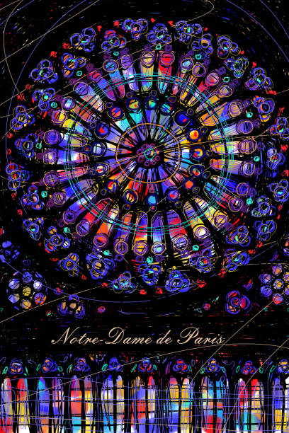 ilustraciones, imágenes clip art, dibujos animados e iconos de stock de vidriera redonda "rosa" de la catedral de notre-dame de parís - window rose window gothic style architecture