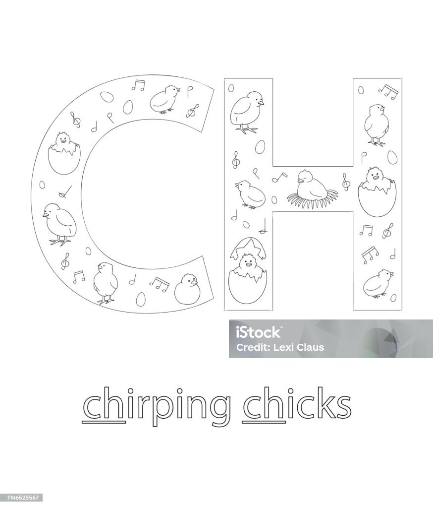 Black and white alphabet letter C. Phonics flashcard. Cute CH sound for teaching reading with cartoon style chickens, eggs, easter elements. Coloring page for children. Activity stock vector