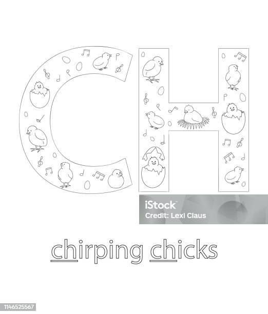 Black And White Alphabet Letter C Phonics Flashcard Cute Ch Sound For Teaching Reading With Cartoon Style Chickens Eggs Easter Elements Coloring Page For Children Stock Illustration - Download Image Now