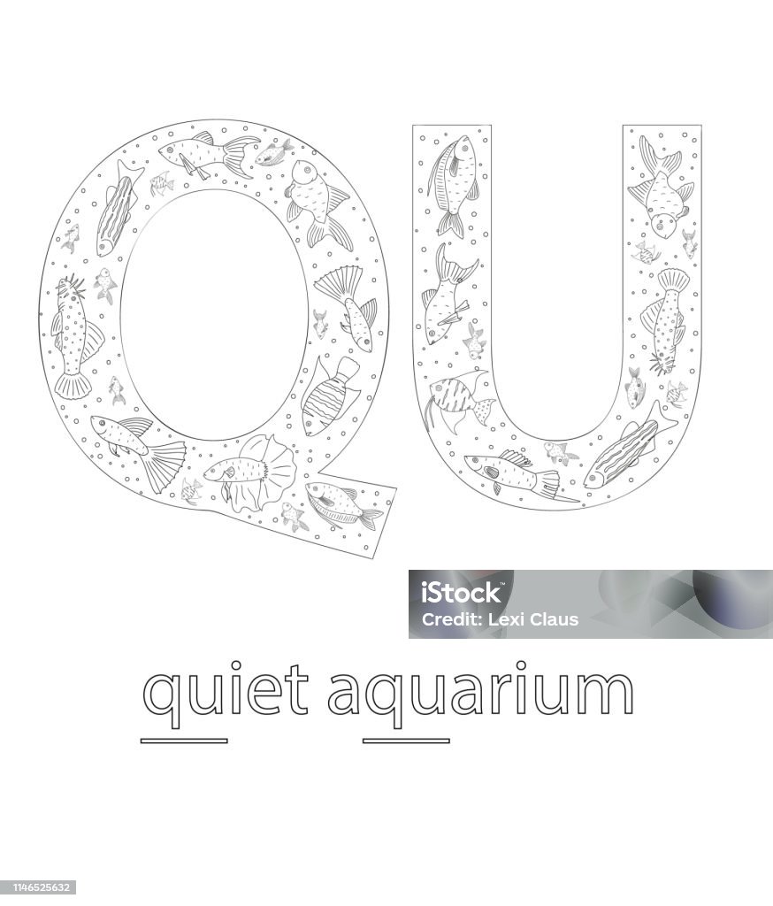 Black and white alphabet letter Q. Phonics flashcard. Cute letter Q for teaching reading with cartoon style aquarium fish. QU sound. Coloring page for children. Activity stock vector