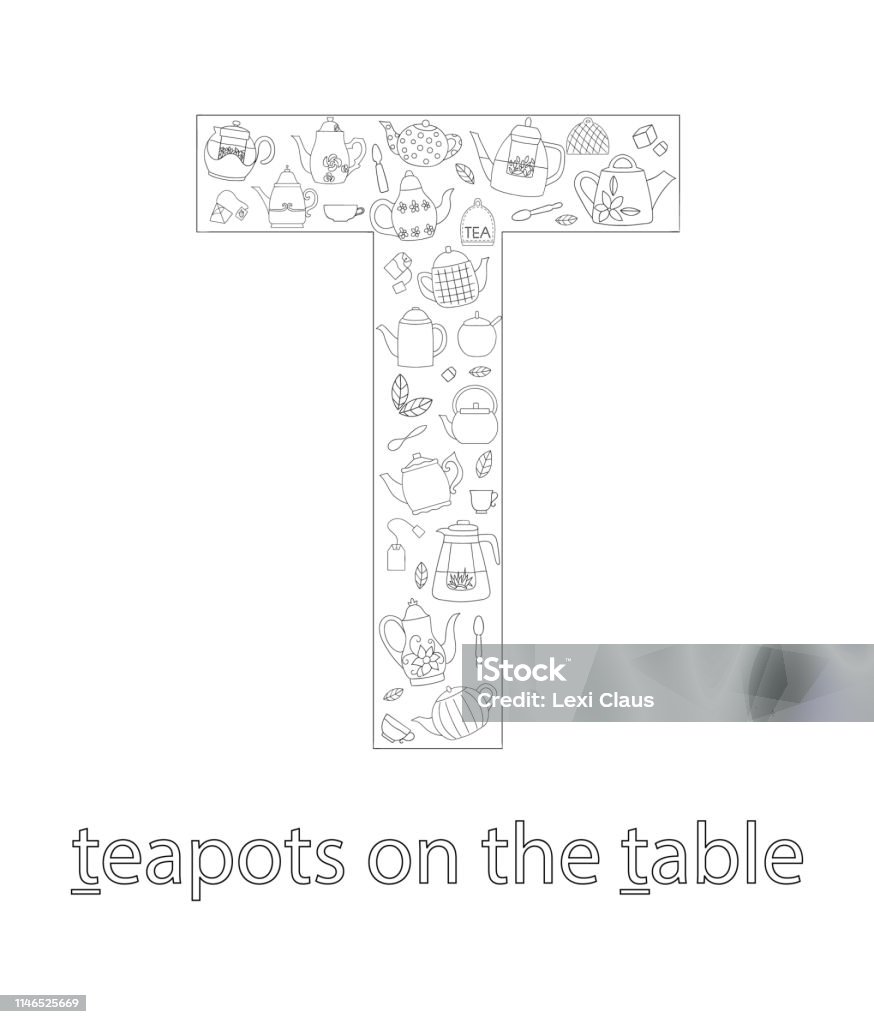 Black and white alphabet letter T. Phonics flashcard. Cute letter T for teaching reading with cartoon style teapots on the table. Coloring page for children. Activity stock vector