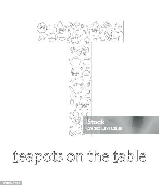 Black And White Alphabet Letter T Phonics Flashcard Cute Letter T For Teaching Reading With Cartoon Style Teapots On The Table Coloring Page For Children Stock Illustration - Download Image Now