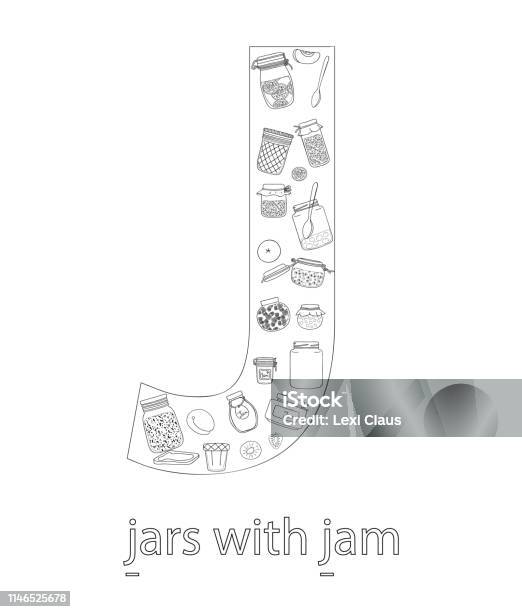 Black And White Alphabet Letter J Phonics Flashcard Cute Letter J For Teaching Reading With Cartoon Style Jam Jars Coloring Page For Children Stock Illustration - Download Image Now