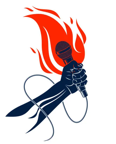 Vector illustration of Microphone in hand on fire, hot mic in flames live show, rap battle rhymes music, concert festival or night club label, karaoke singing or standup comedy, vector sign, t-shirt print.