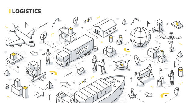 Logistics Isometric Doodle Logistics concept. Transportation & distribution of goods. Inventory management & cargo delivery service. Isometric doodle illustration for web banners, hero images, printed materials delivering illustrations stock illustrations
