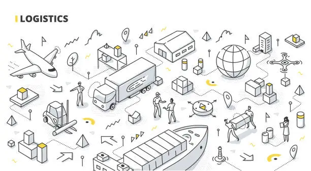 Vector illustration of Logistics Isometric Doodle