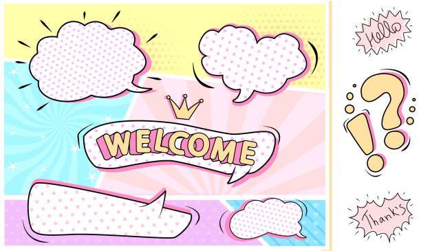 ilustraciones, imágenes clip art, dibujos animados e iconos de stock de conjunto de burbujas de discurso sobre lindo colorido rosa, menta, amarillo, fondo púrpura. - princesa de anime