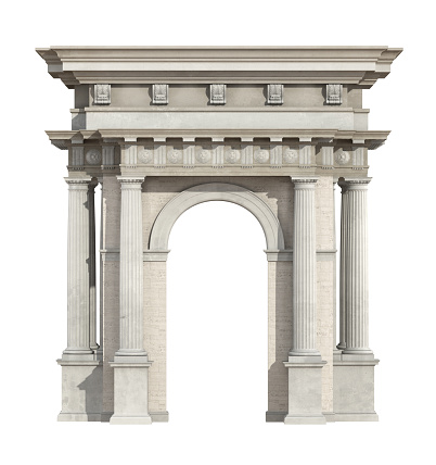 Portal in neoclassical style isolated on white with arch and Doric column - 3d rendering\nthe portal does not exist in reality, Property model is not necessary