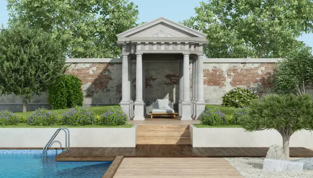 Luxury garden with deck chair under a little neoclassical temple and swimming pool - 3d rendering
the garden does not exist in reality, Property model is not necessary