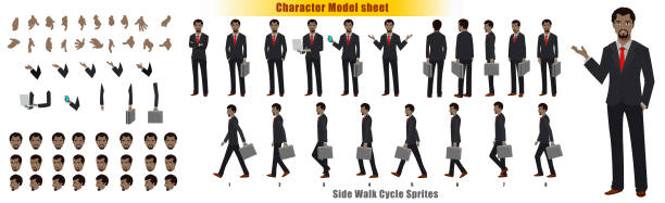 Businessman Character Turnaround Businessman Character Model sheet with Walk cycle Animation Sequence entrepreneur drawings stock illustrations