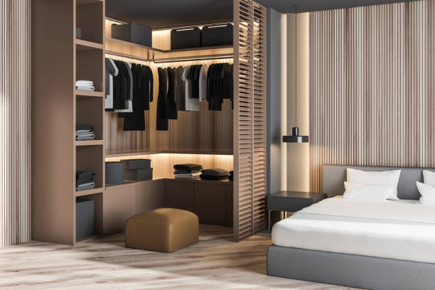 istock Wooden master bedroom corner with wardrobe 1146531586