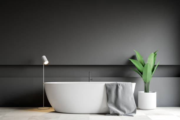 istock Gray bathroom interior, white tub 1146532163