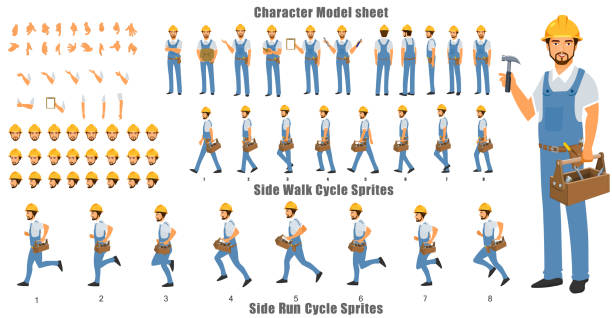 ilustrações de stock, clip art, desenhos animados e ícones de handyman character tunaround with walk cycle and run cycle - mechanic plumber repairman manual worker