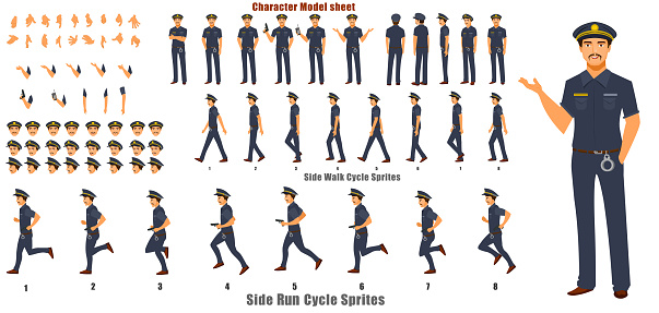 Police Character Turnaround With Walk Cycle And Run Cycle Animation  Sequence Stock Illustration - Download Image Now - iStock