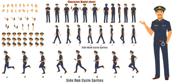 Police Character Turnaround with Walk cycle and Run cycle Animation Sequence vector art illustration