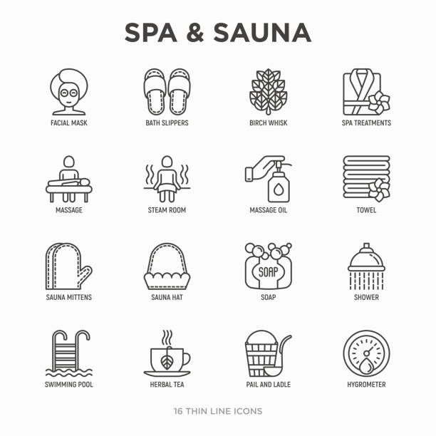 Spa, sauna thin line icons set: massage oil, towels, steam room, shower, soap, pail and ladle, hygrometer, swimming pool, herbal tea, birch, whisk, spa treatments, facial mask. Vector illustration. Spa, sauna thin line icons set: massage oil, towels, steam room, shower, soap, pail and ladle, hygrometer, swimming pool, herbal tea, birch, whisk, spa treatments, facial mask. Vector illustration. massaging illustrations stock illustrations