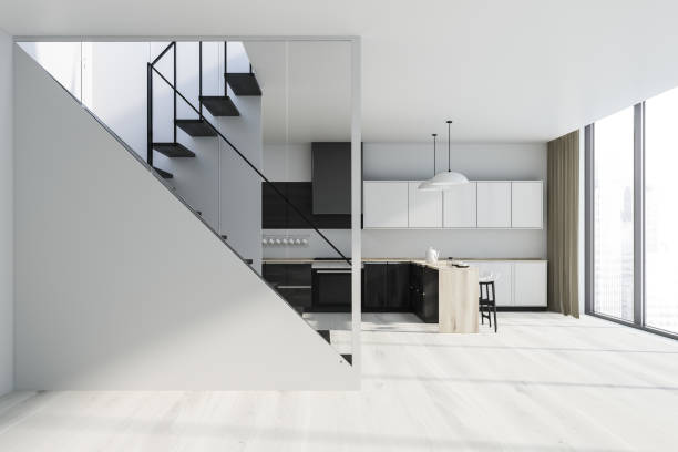 istock White and wooden kitchen with staircase 1146532750